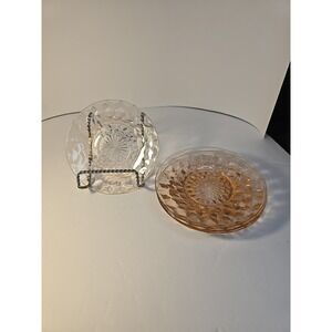 Pink Depression Glass Saucers‎ By Jennette In Cubist Pattern Set Of 4